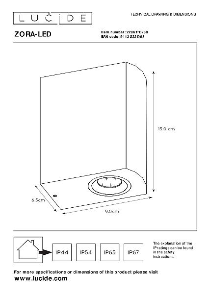 Уличный настенный светильник Lucide Zora-Led 22861/10/30
