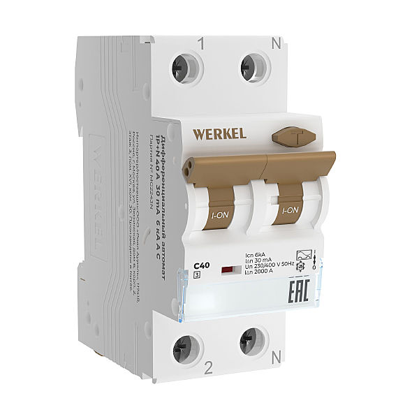 Автоматический выключатель дифференциального тока Werkel W922P164 / Дифференциальный автомат 1P+N 40 A 30 mA 6 kA C A